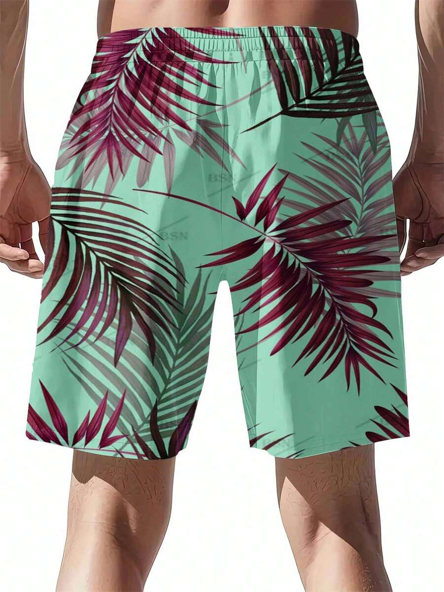 Swim Trunk Shorts - Mint Green And Burgundy Palm Leaf